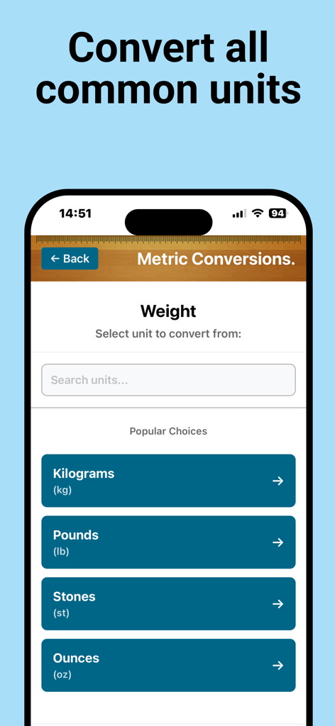 Metric Conversion app screenshot showing weight unit selection for kilograms and pounds