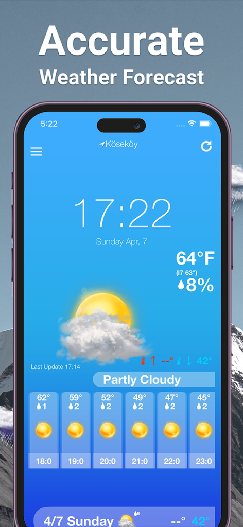 Weather Forecast ٞ - Captura de tela do iPhone do aplicativo Previsão do Tempo mostrando a temperatura atual, previsão horária e condições climáticas.