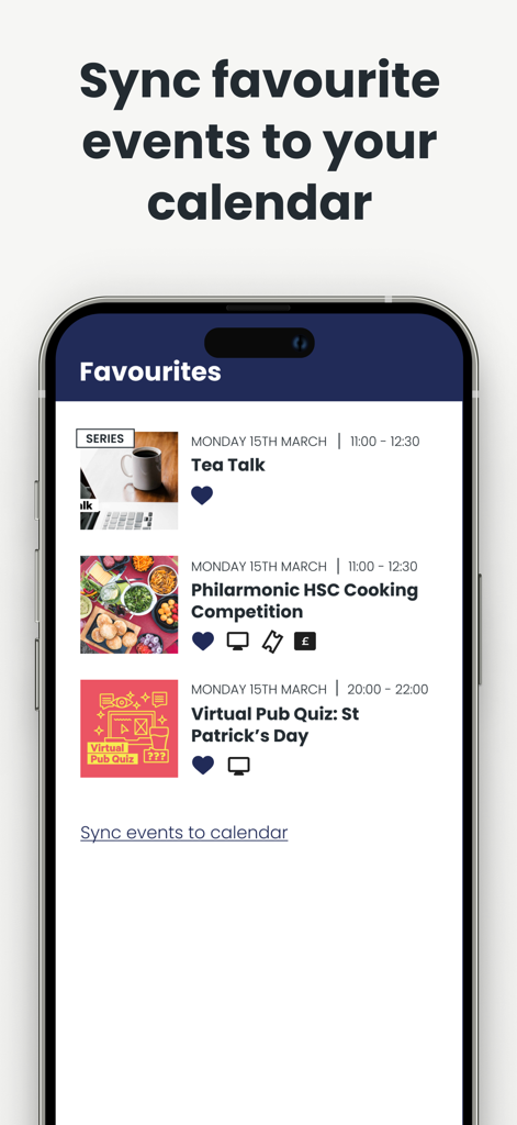 My Liverpool - My Liverpool app screenshot showing a list of favorite university events with an option to sync them to the calendar