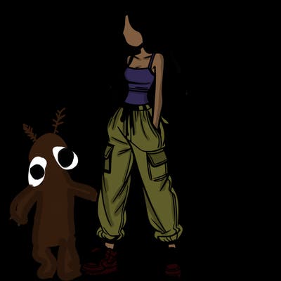 girl in baggy pants crop top and long hair