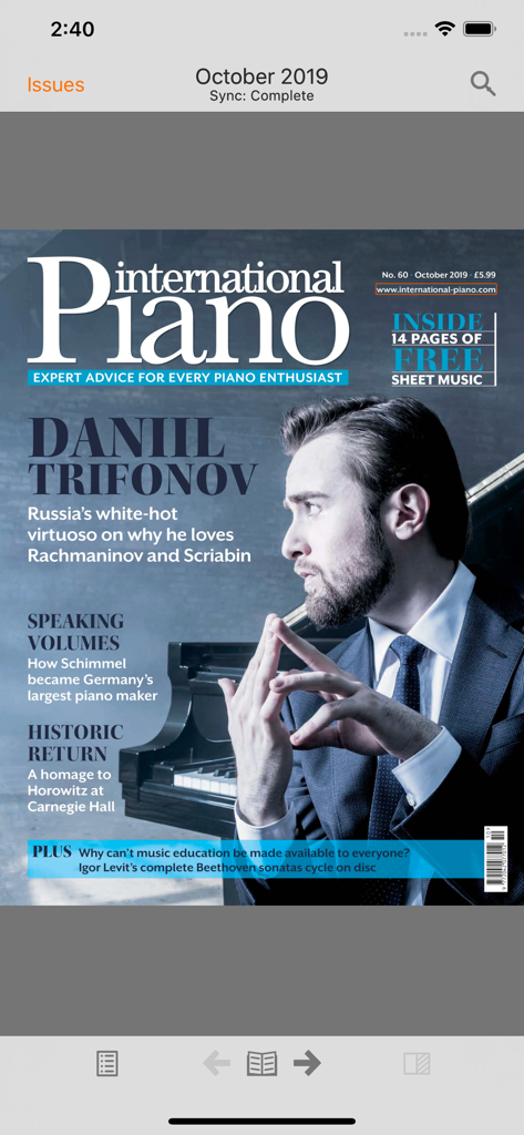 Digital cover of International Piano magazine featuring pianist Daniil Trifonov on the app interface