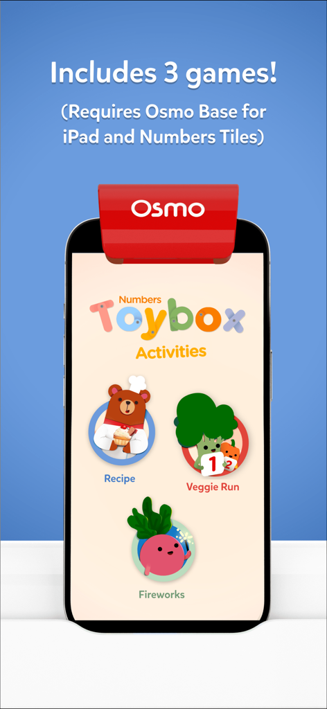 Osmo Numbers Toyboxのメインメニュー画面が、3つの教育的な算数ゲーム（レシピ、ベジラン、花火）を表示している画像