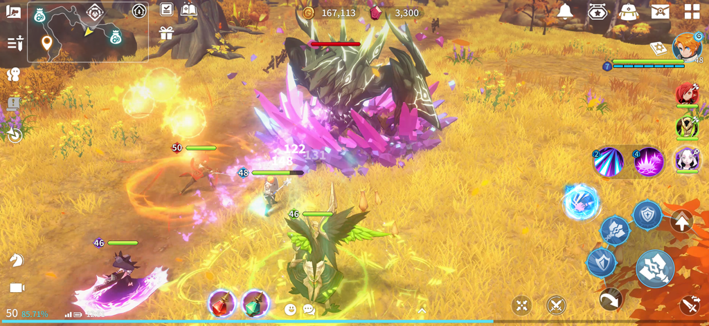 Summoners War: Chronicles - A team of monsters and heroes engaging in a real-time boss battle in the open world of Summoners War Chronicles.