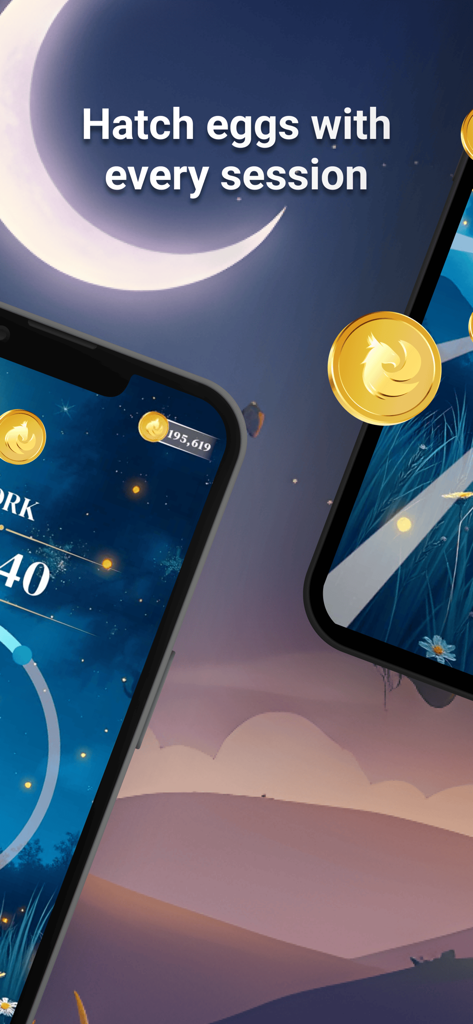 Fluffle: Focus With Dragons - Fluffleアプリのスクリーンショット、夜のテーマで、集中セッションで卵を孵化させ、金色のドラゴンのコインを獲得することについてのテキストが表示されています。