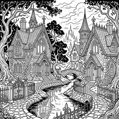 Step into a world of shadowed beauty with our Gothic Riverside Cottages coloring page. This intricate design invites you to bring life to mysterious homes nestled along serene, winding waters with your favorite colors.