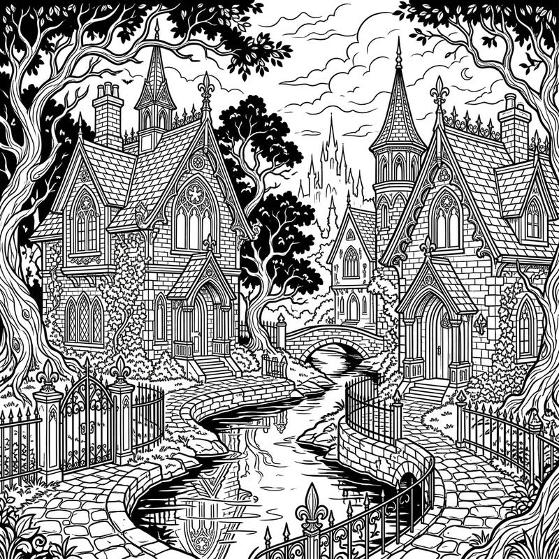 Step into a world of shadowed beauty with our Gothic Riverside Cottages coloring page. This intricate design invites you to bring life to mysterious homes nestled along serene, winding waters with your favorite colors.