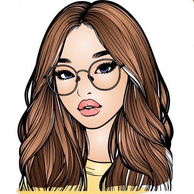 realistic korean girl with long hair, glasses and big lips