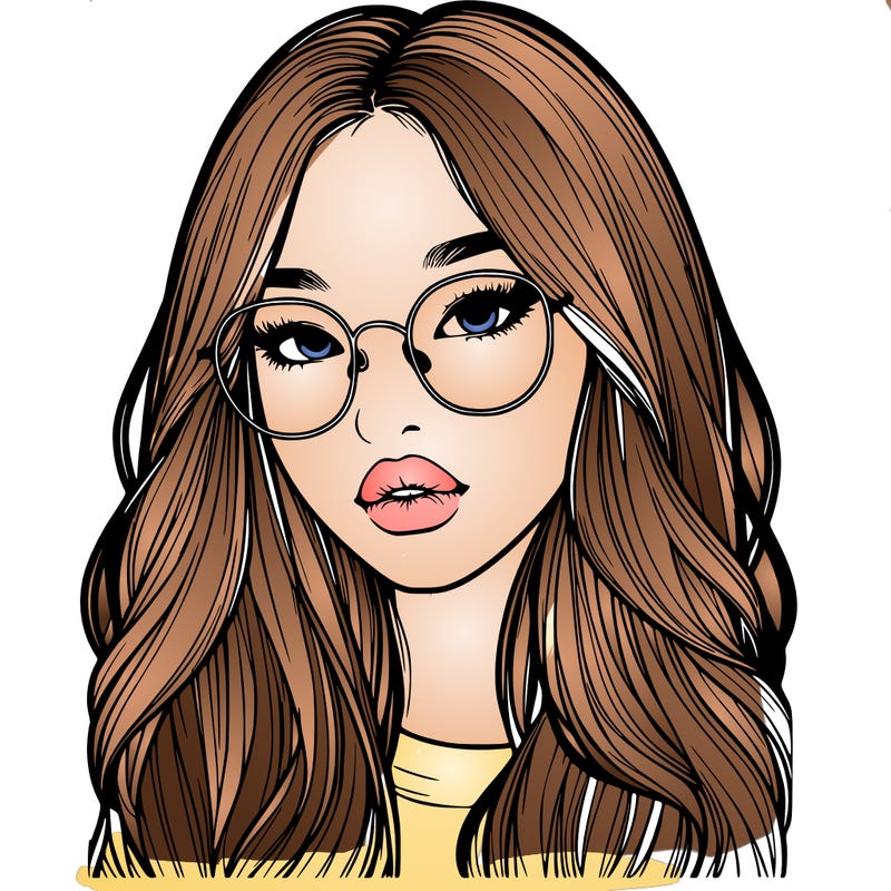 realistic korean girl with long hair, glasses and big lips