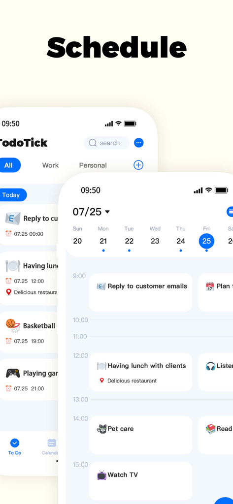 Captura de pantalla de la aplicación TodoTick que muestra un horario diario detallado y vista de calendario con tareas y bloques de tiempo