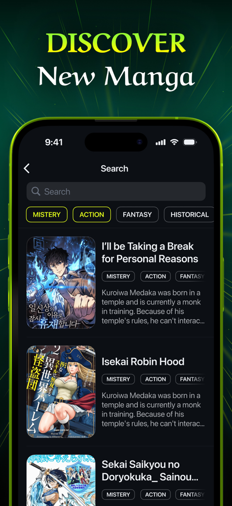 MangUp: Manga Reader App - Interface of the MangUp manga reader app showing the search screen with manga titles and genre tags.