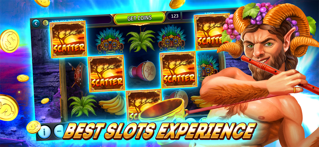 Gameplay of Eon Slots Vegas Slot Machines featuring a jungle theme and a mythical satyr character.