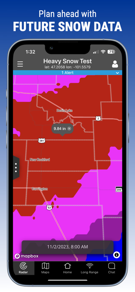 A smartphone showing the Clarity Weather app displaying a detailed future snow accumulation map with color coded data for professional planning.