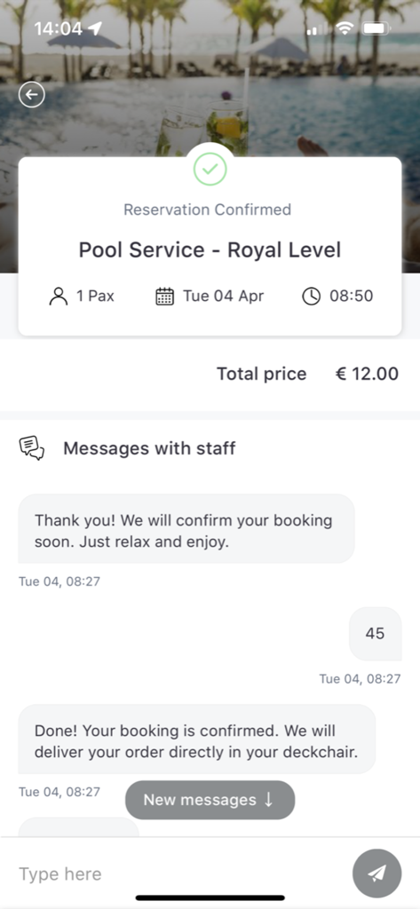 Barceló Hotel Group - Confirmação de reserva e interface de chat com a equipe para serviço de piscina no aplicativo Barcelo Hotel Group