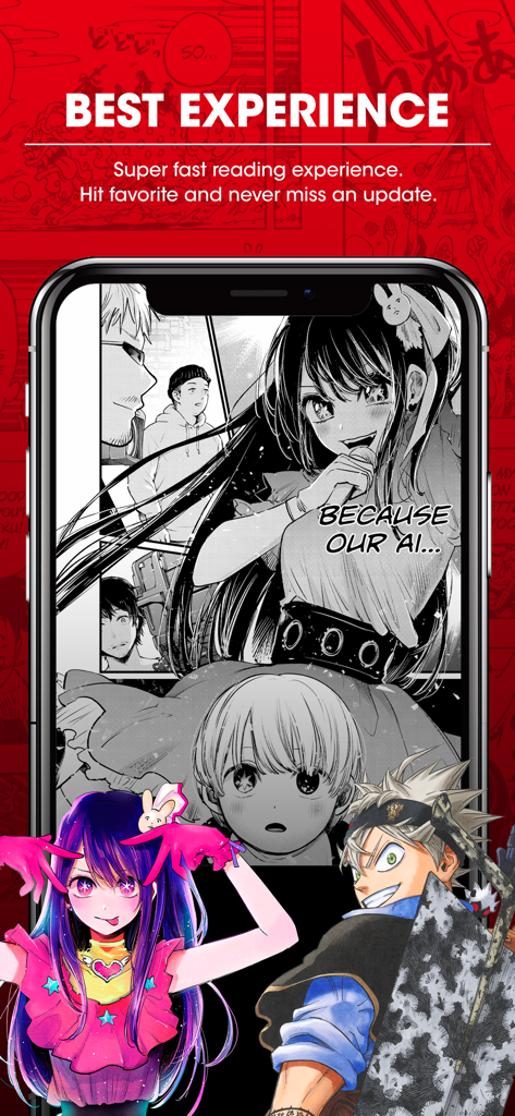 Smartphone screen showing MANGA Plus app with Oshi No Ko and Black Clover characters