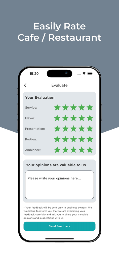 MenuCebimde - Mobile app interface for evaluating and rating restaurant service flavor and presentation with star ratings and feedback text box