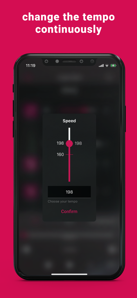 Oberfläche der mobilen App mit dem Schieberegler zur Temposteuerung, um die Musikgeschwindigkeit zu ändern