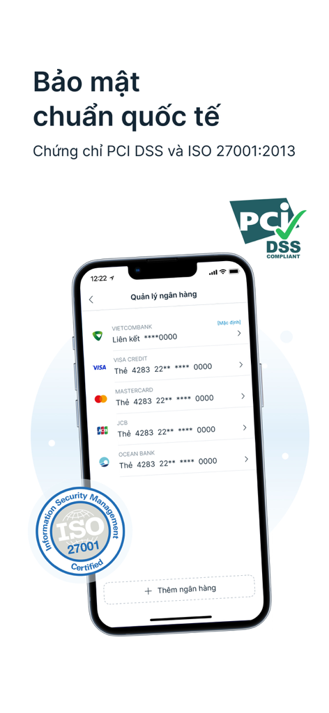 Payoo mobile app screen showing bank management with various linked credit cards and international security certifications like PCI DSS and ISO 27001.