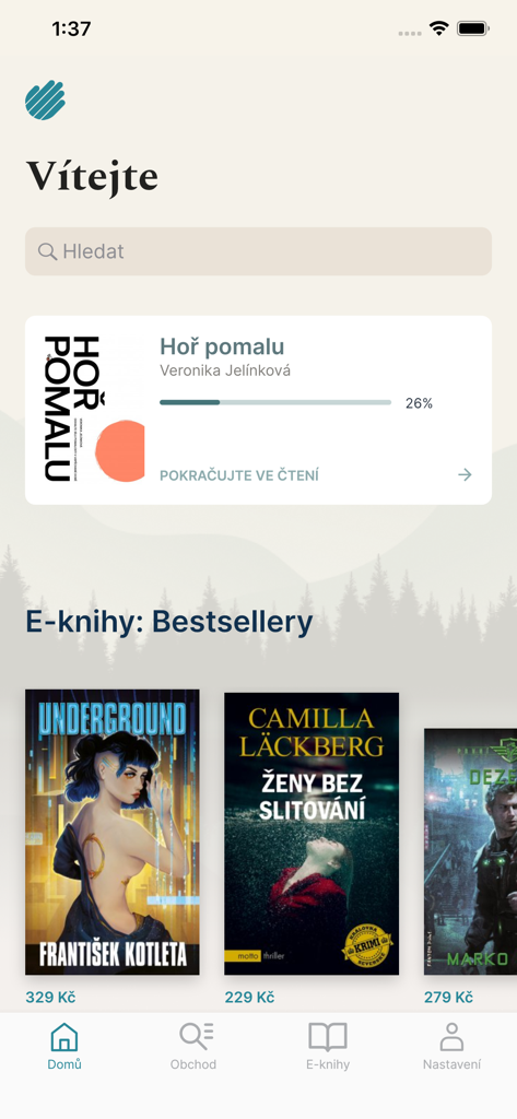 Palmknihy: čtení, poslech - Pantalla de inicio de la aplicación Palmknihy que muestra el progreso de lectura y los libros electrónicos más vendidos en checo