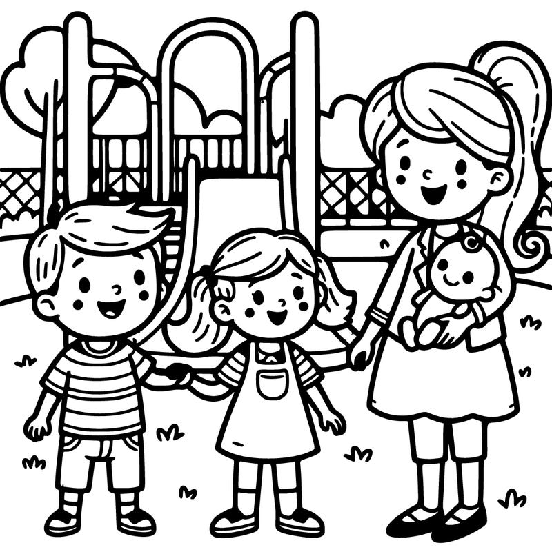 mummy at the playground withtwo kids and baby girl