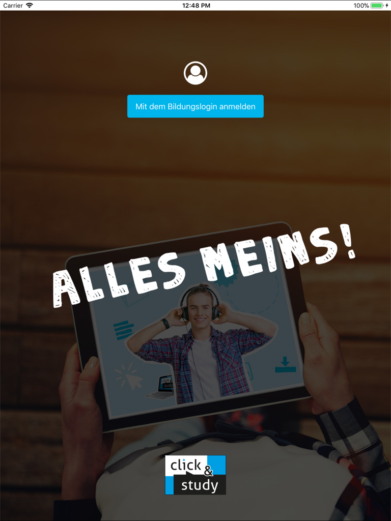 Welcome screen of the click and study educational app showing a login button and the slogan Alles Meins