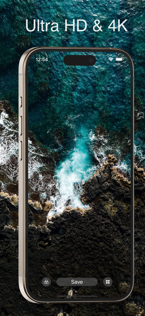 Wallpapers Full HD for iPhone - iPhone exibindo um wallpaper de natureza de alta qualidade de ondas do oceano batendo em rochas escuras