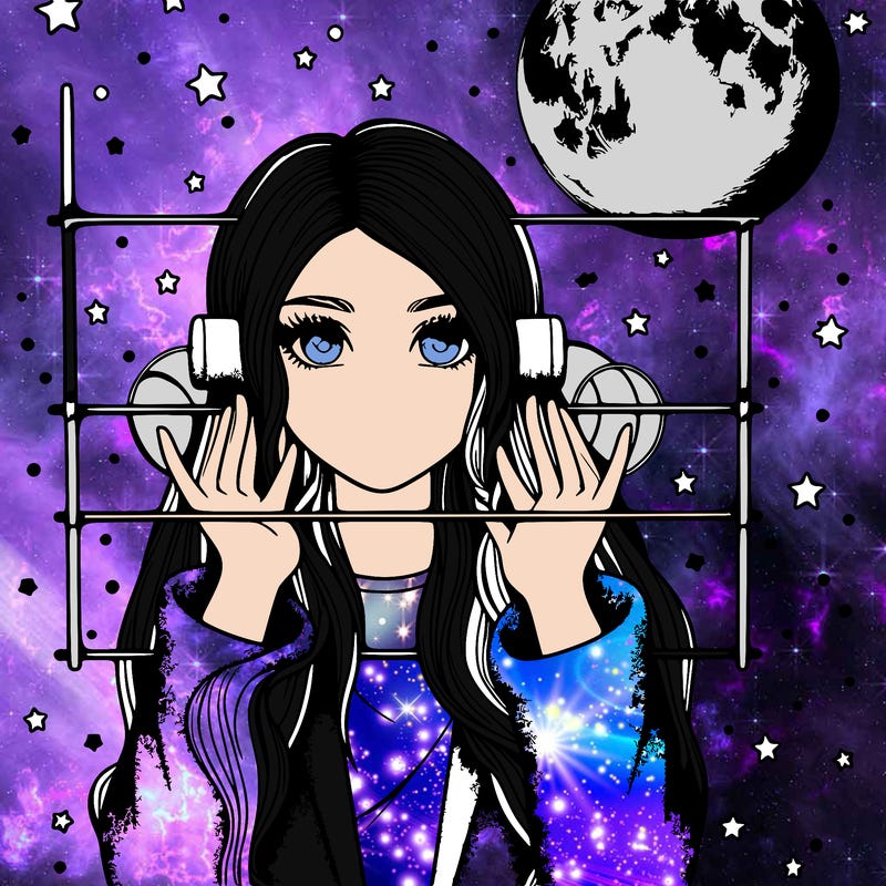 realistic girl with space bars and moon