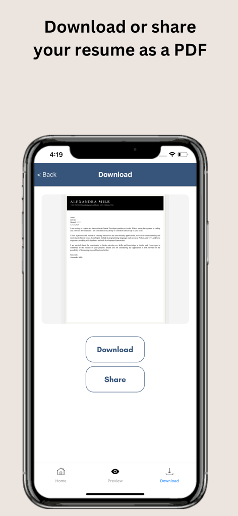 Uma tela de smartphone mostrando as opções de download e compartilhamento de um currículo profissional em formato PDF dentro do aplicativo.