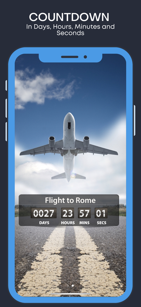 Holiday and Vacation Countdown - Mobile app screen showing a countdown timer for a flight to Rome with an airplane background.