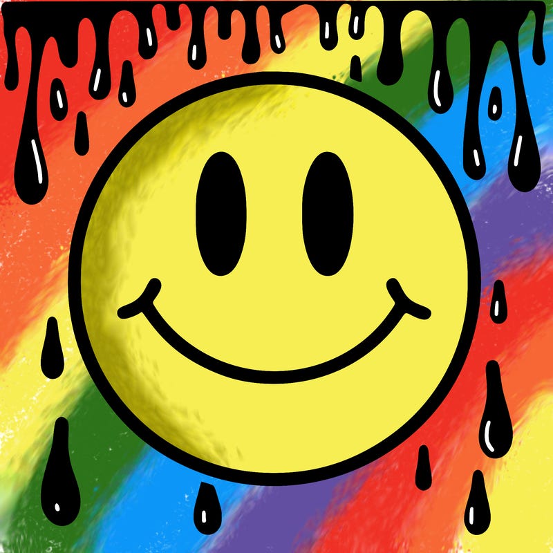 smiley face with drippy black and white background