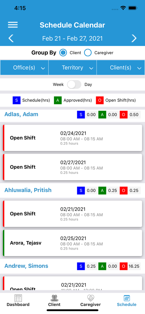 CareSmartz360 Agency App - CareSmartz360 Agency App schedule calendar displaying open shifts for home care management