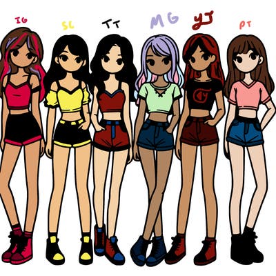 a group of girls wearing crop tops and shorts