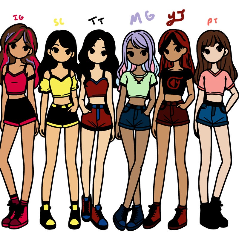 a group of girls wearing crop tops and shorts