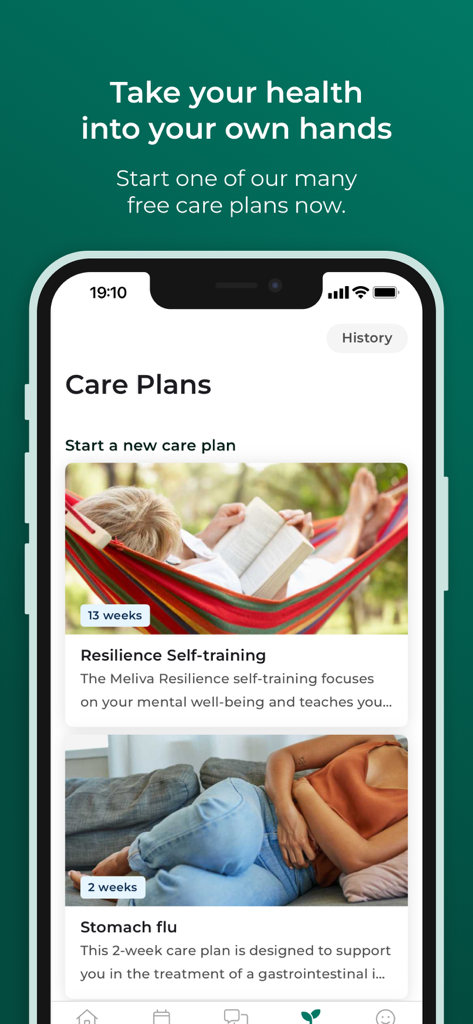 Meliva app interface showing healthcare plans for resilience training and stomach flu recovery