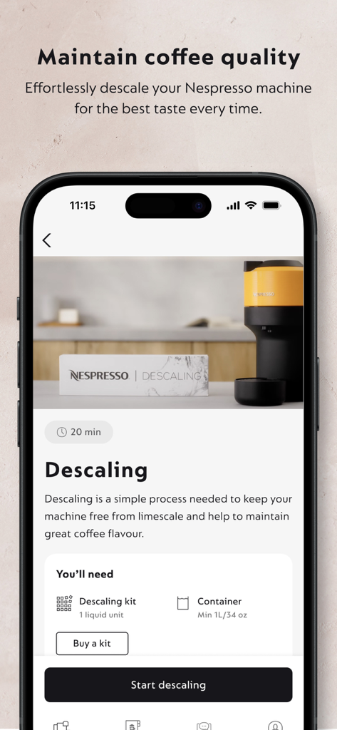 머신 석회질 제거 지침 및 요구 사항을 보여주는 Nespresso Smart 앱 화면