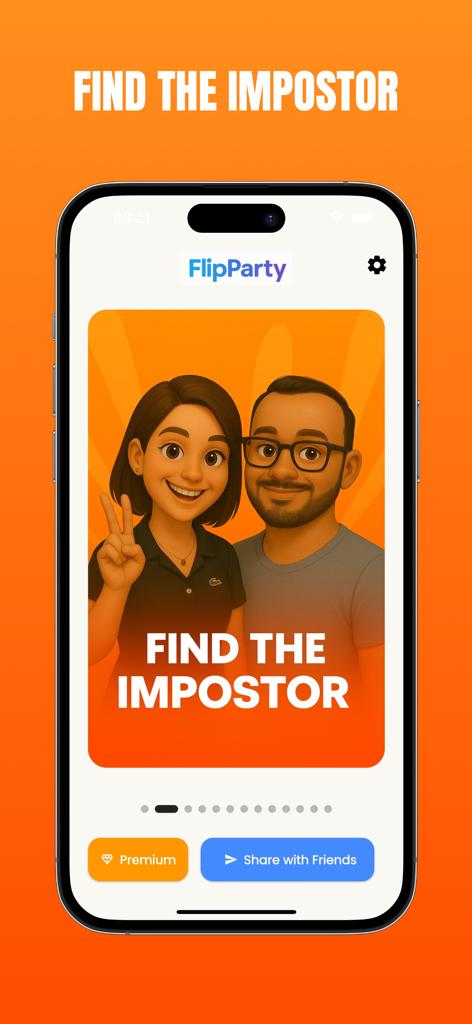 FlipParty app interface showing the Find the Imposter game mode