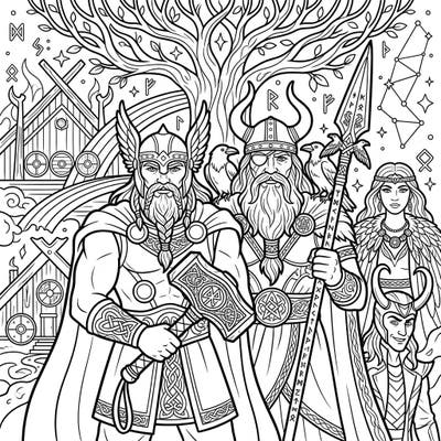 Step into the legendary world of Asgard with this intricate coloring page featuring iconic Norse gods and goddesses. Unleash your creativity by bringing to life Thor, Odin, Loki, and other powerful figures from ancient Viking sagas.