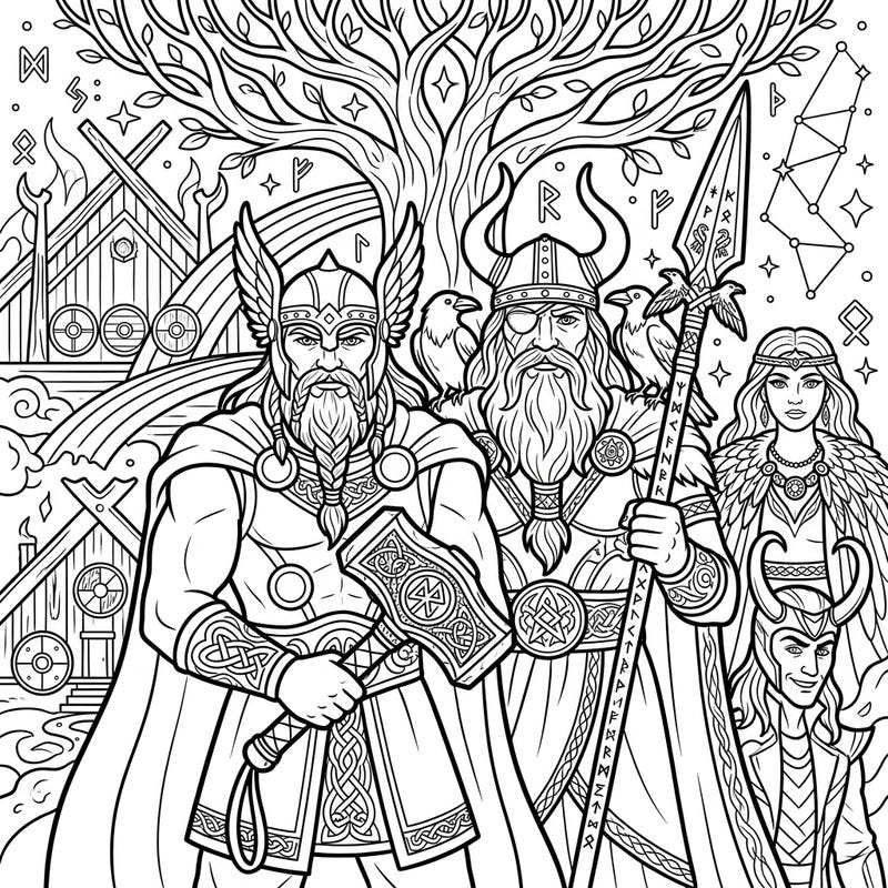 Step into the legendary world of Asgard with this intricate coloring page featuring iconic Norse gods and goddesses. Unleash your creativity by bringing to life Thor, Odin, Loki, and other powerful figures from ancient Viking sagas.