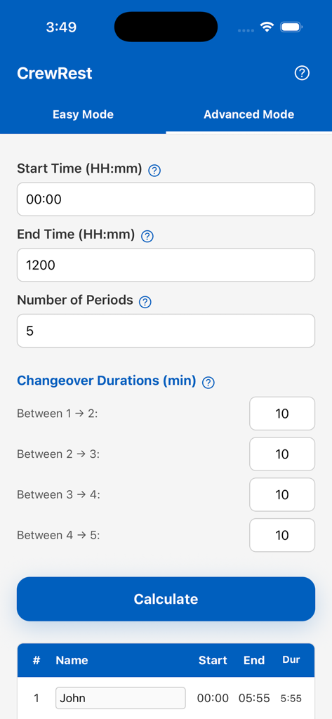 Crew Rest Calculator - 高度モードでフライトクルーの休息期間計算を表示するモバイルアプリインターフェース。