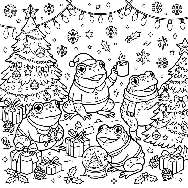 Join a charming group of spadefoot toads as they embrace the Christmas spirit in this heartwarming coloring page. This unique festive scene features decorated trees, twinkling lights, and plenty of holiday cheer, perfect for a cozy coloring session.