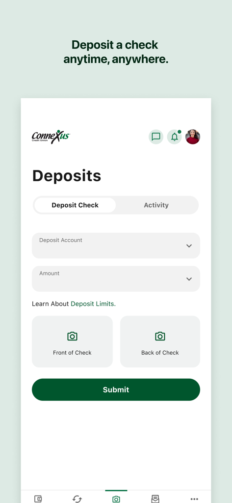 Interface of the Connexus mobile app showing the deposit check feature with fields for account details and check photo capture