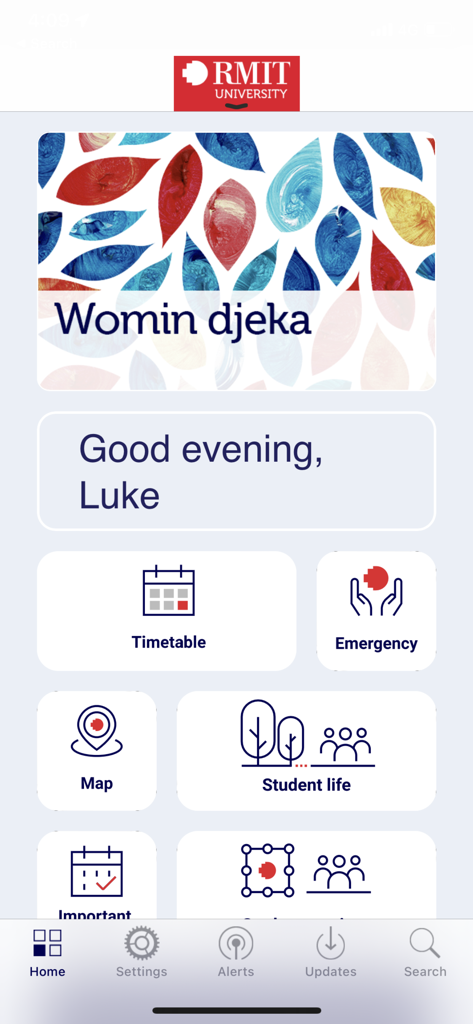RMIT app - Dashboard of the RMIT University app showing student services and navigation