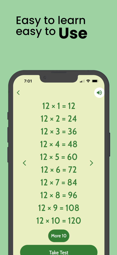 Maths Tables 1 to 100 and Quiz - Mobile screen showing the multiplication table for twelve in a clear and easy to read format for students