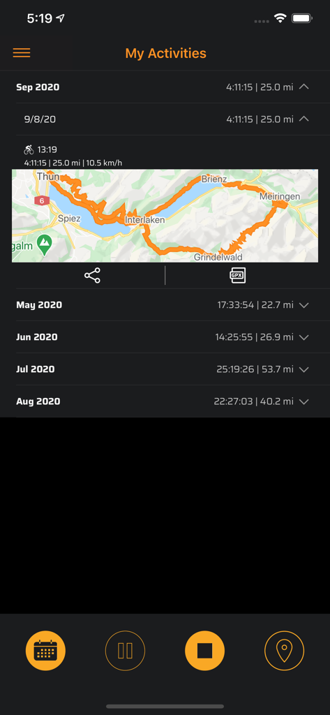 The activity history screen of the Bike Tracker app showing monthly cycling logs and a GPS route map of a 25 mile ride.
