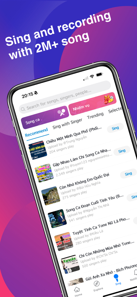 Hakara app interface showing a list of popular karaoke songs with options to sing and record