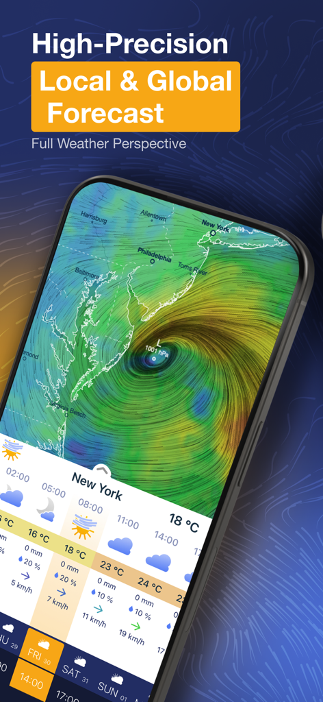 Ventusky: Weather & Live Radar - Ventusky app displaying high-precision local weather forecast and an interactive wind map of the US East Coast.