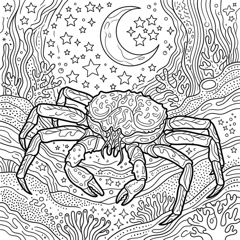 Unleash your creativity with this captivating King Crab coloring page, featuring a magnificent crustacean set against a mesmerizing night-time underwater scene. Perfect for those who love detailed designs and the magic of the deep sea.