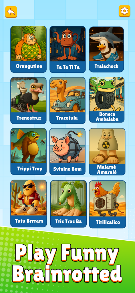 Brainrotted Soundmix & AR - Una cuadrícula de personajes de memes surrealistas y divertidos en la aplicación Brainrotted Soundmix