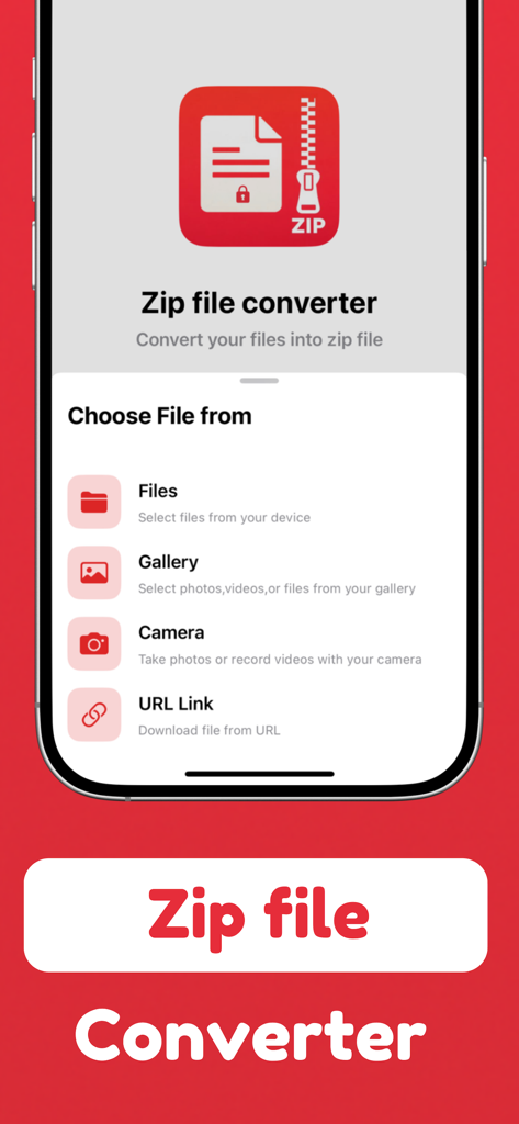 Interface do aplicativo Kit de Ferramentas de Arquivos Zip mostrando opções para importar arquivos para compressão do armazenamento do dispositivo, galeria, câmera ou um link de URL direto