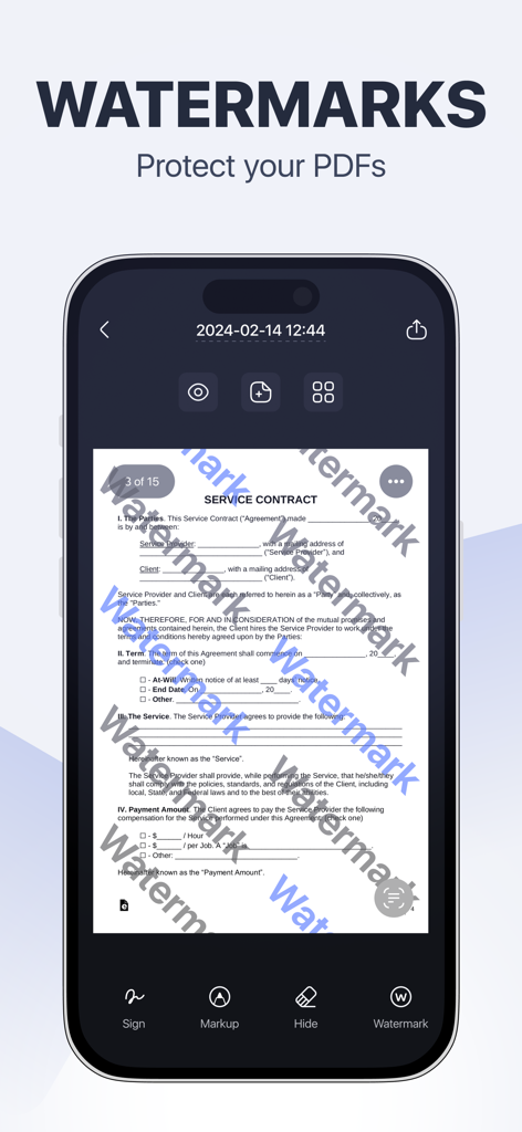 Scan Pro PDF: Document Scanner - A smartphone displaying a service contract with protective watermarks in the Scan Pro PDF app.