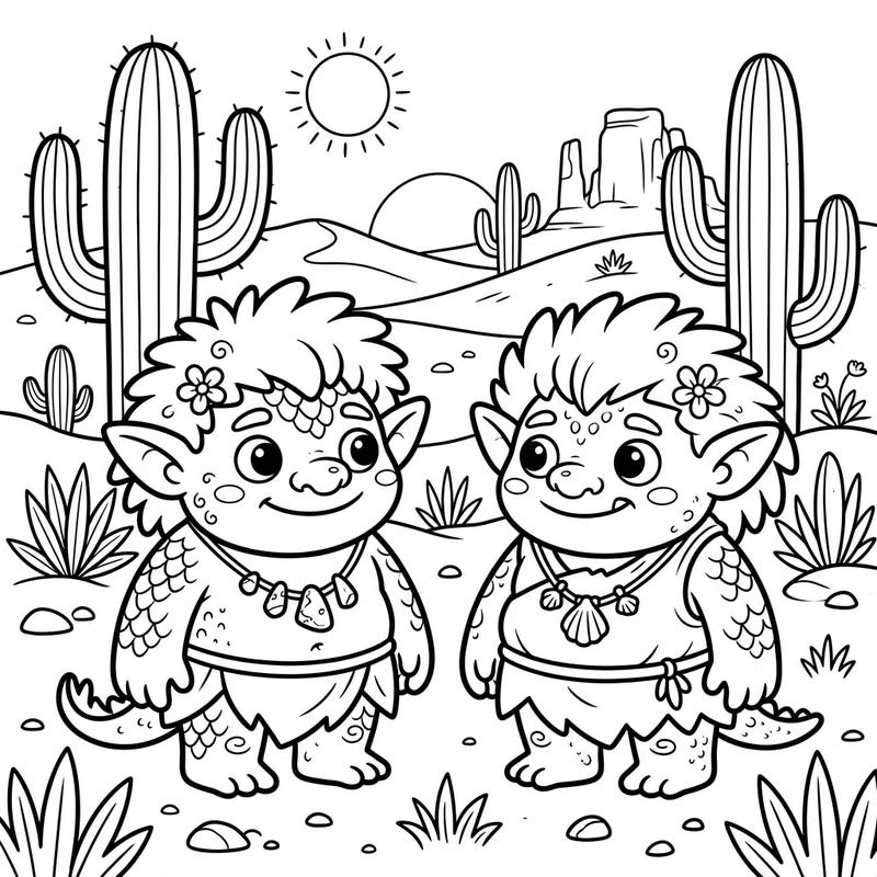 Let your little ones explore the magical desert with our delightful desert trolls coloring page, designed especially for toddlers. With ultra-thick lines and large, simple shapes, it's perfect for developing fine motor skills and sparking creativity.